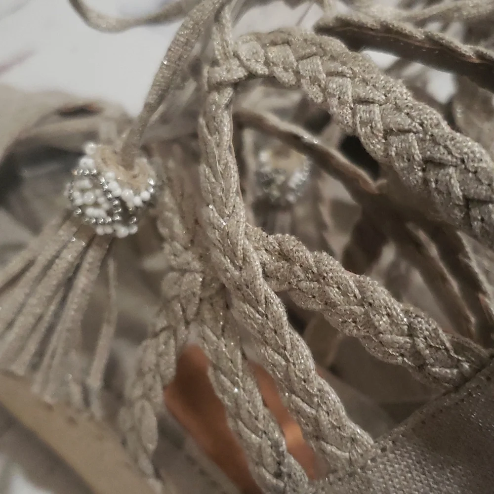 Rampage 7.5 Carlita silver glitter canvas wedge espadrilles strappy with tassels